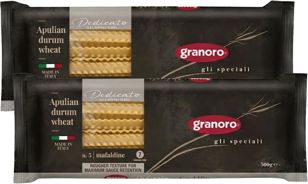 Granoro Dedicato Mafaldine No.5, Authentic Italian Pasta, 100% Made from Puglia Durum Wheat Semolina, Rougher Texture For Maximum Sauce Retention, 1.1 lb Bags (Pack of 2)