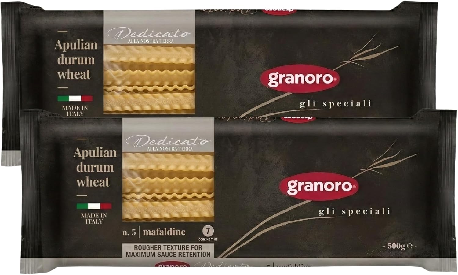 Granoro Dedicato Mafaldine No.5, Authentic Italian Pasta, 100% Made from Puglia Durum Wheat Semolina, Rougher Texture For Maximum Sauce Retention, 1.1 lb Bags (Pack of 2)