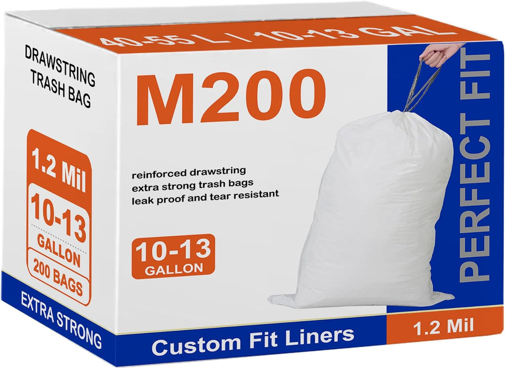200 Count Perfect Fit Compatible with simpIehuman Code M Heavy Duty Trash Bags with Reinforced Drawstring 1.2 Mil Thick Heavy Duty Quality Drawstring 8-12 Gallon Garbage Liners GRAND SAVE!