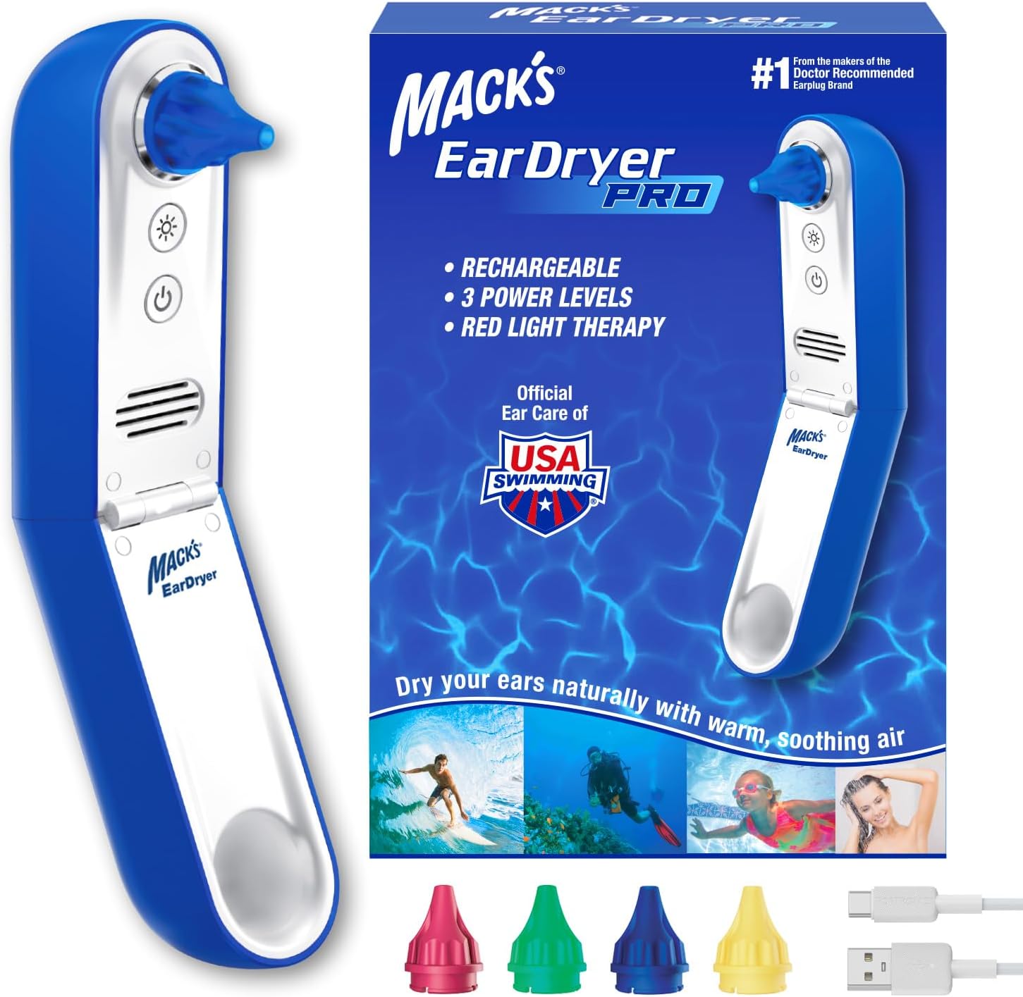Mack's Ear Dryer PRO Rechargeable Warm Air Ear Water Drying Aid with Red Light Therapy and 3 Power Levels for Swimmers' Ears, Showering, Water Sports, Surfing, Scuba, and Hearing Aids