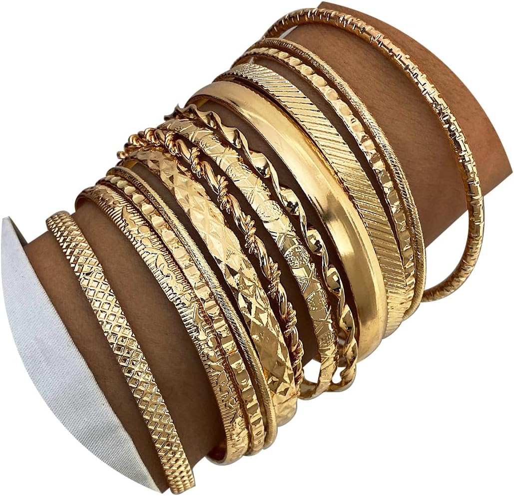 17IF Gold Bangle Bracelet For Women, 14k Multilayer Charm Textured Stackable Bracelets Boho Indian Chunky Cuff Fashion Jewelry Gift
