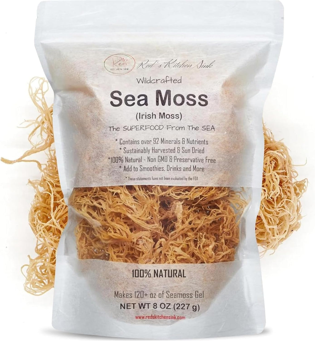 Raw Wildcrafted Gold Sea Moss from St. Lucia, Sun-Dried Whole Leaf Irish Moss, Natural Wild Sea Moss | Makes 120+ oz Gel | 8 oz Bag
