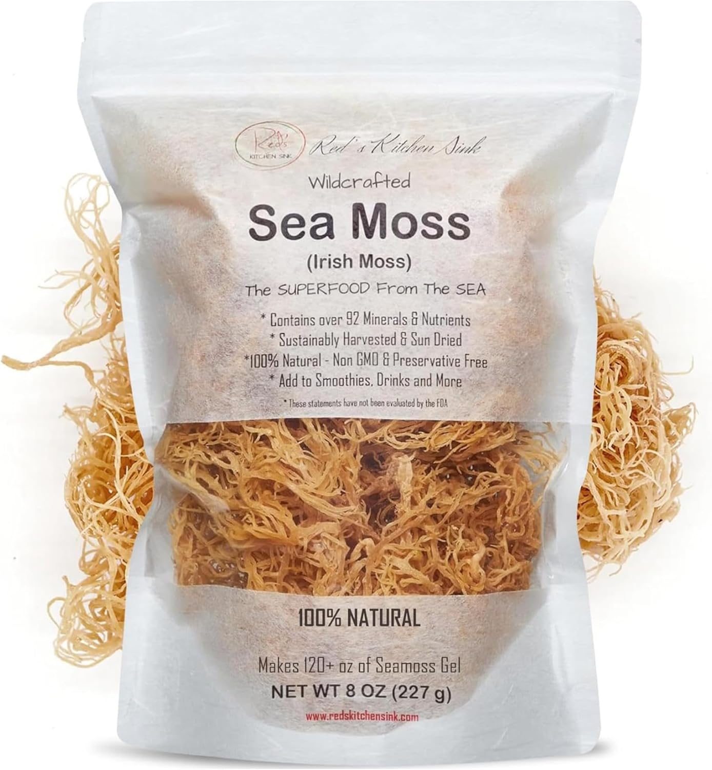 Raw Wildcrafted Gold Sea Moss from St. Lucia, Sun-Dried Whole Leaf Irish Moss, Natural Wild Sea Moss | Makes 120+ oz Gel | 8 oz Bag