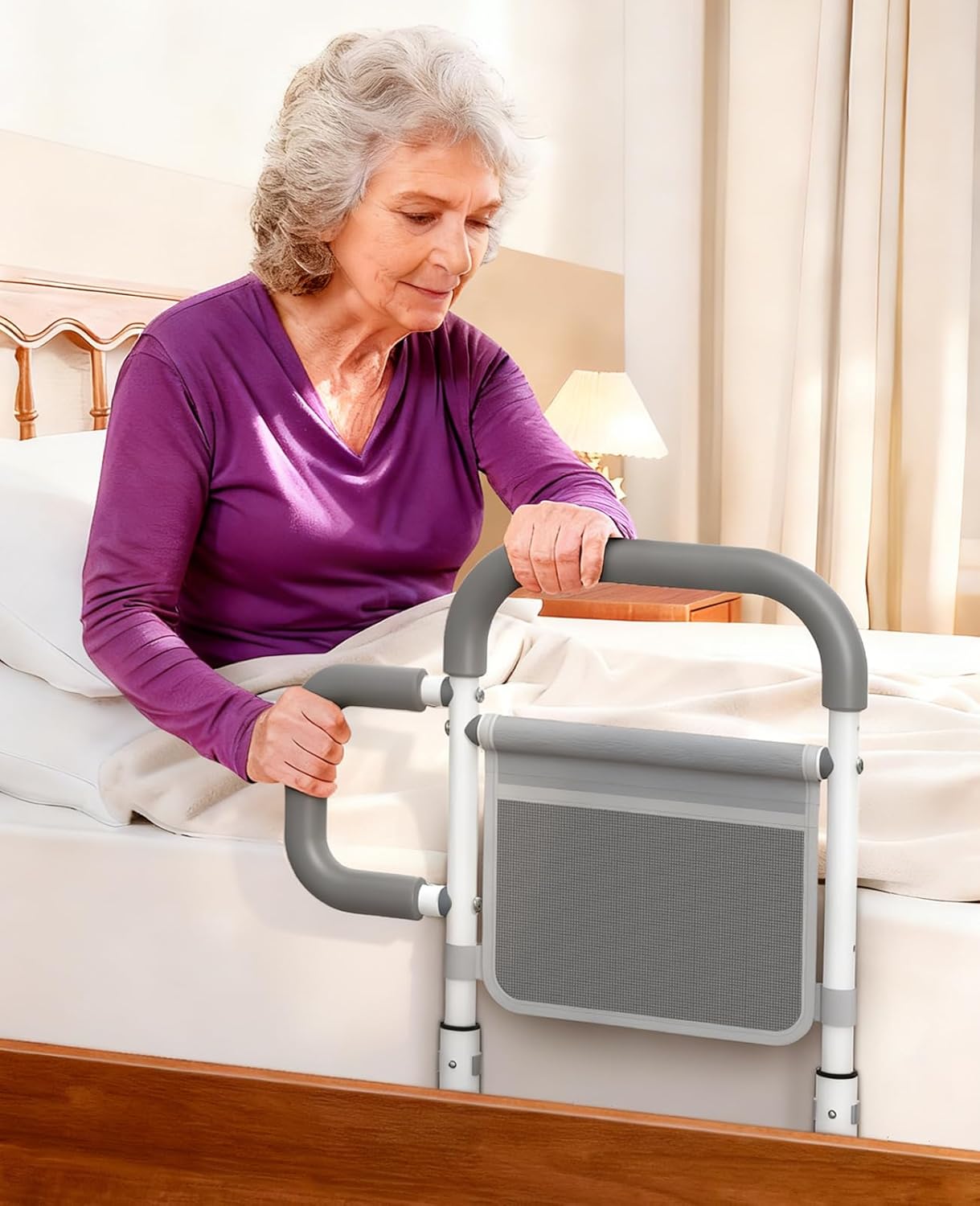 ONTHEWEI Bed Rails for Elderly Adults Safety, with Double Non-Slip Handle & Storage Pouch, Fits Most Bed Sizes, Bed Assist Rails for Seniors and Post-Surgery,Reduce Falls & Support Independence