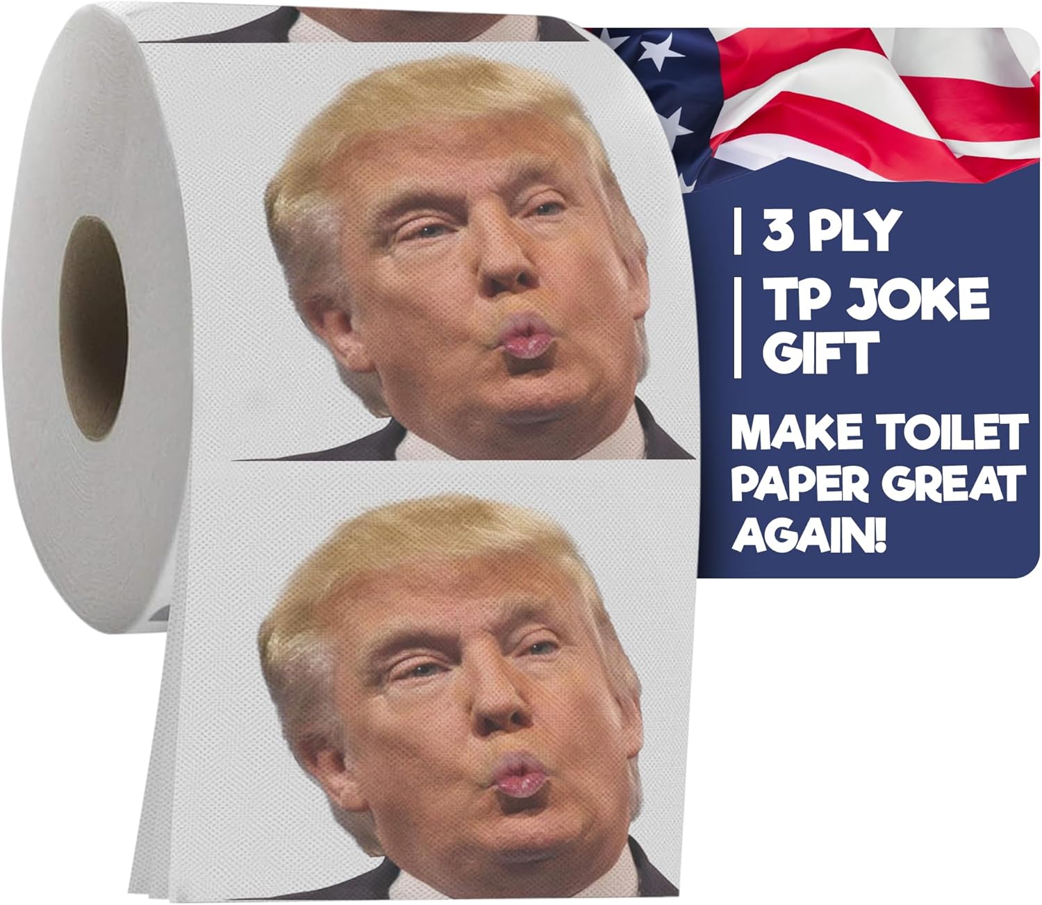 Trump Political Toilet Paper Roll by Gagster - 3 Ply Funny Novelty Gag TP with Full-Color Image - 200 Sheets Per Roll - Prank Gift for Adults - Printed on Every Sheet - Make Your Butt Laugh