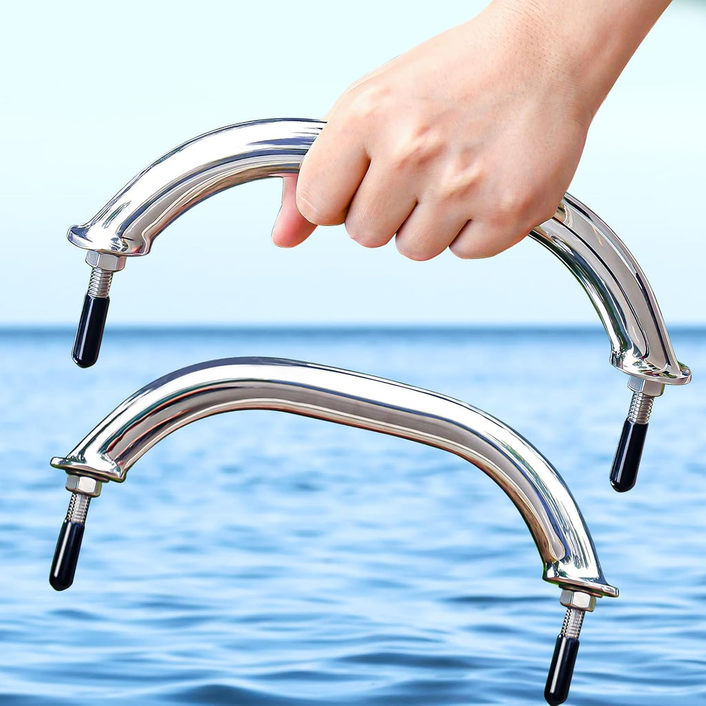 2PCS Stailess Steel Boat Grab Handle Polished Round Tube Marine Handrail with Flange & Stud - 8" Long