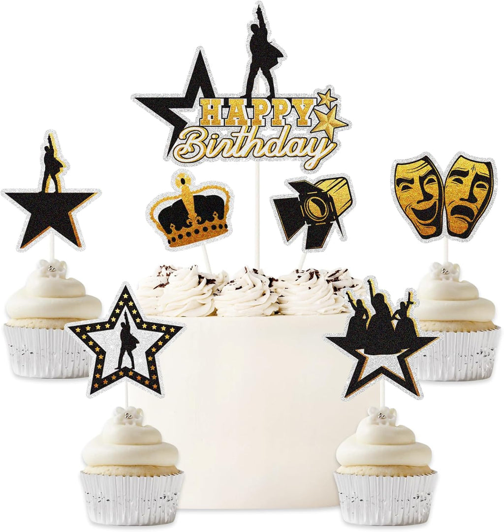 7pcs Musical Star Cake Decor,Ha*ilton Birthday Cake Topper Cupcake Toppers, American Musical Broadway Theater Party Decorations For Kids Adults Fan