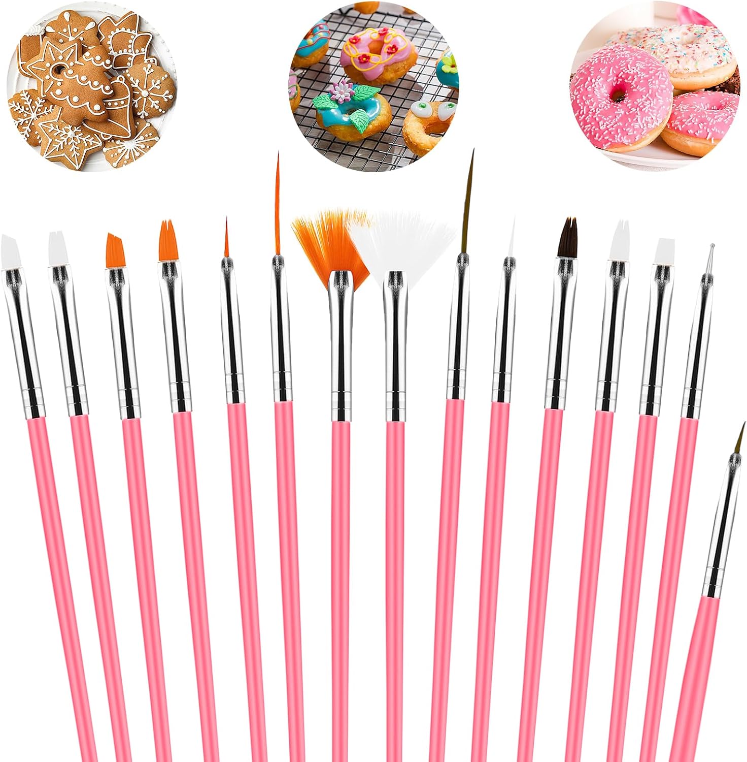 Aster 15Pcs Cake Decorating Brushes, Cake Painting Brushes Kit Food Safe Paint Brushes Fondant Sugar DIY Tools Set Cookie Decorating Supplies Candy Icing Pastry Brush for Baking(Pink)