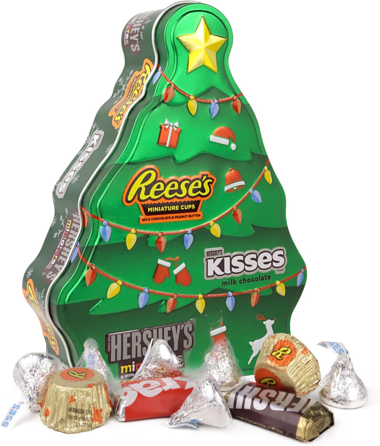 Galerie Christmas Stocking Stuffer Candy Gift, Tree Tin Filled with Assorted Chocolates, Reese's, Kisses, and Miniatures, 1.86 Ounces