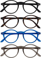 OPULIZE REY Reading Glasses for Women Men, Retro Round Frame with Spring Hinges, Matte Black, Brown Tortoiseshell, Blue, Grey +1.50 (Pack of 4)