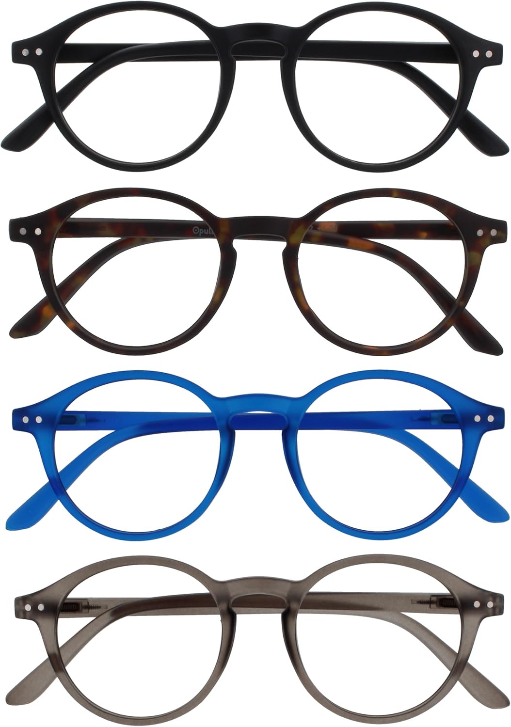 OPULIZE REY Reading Glasses for Women Men, Retro Round Frame with Spring Hinges, Matte Black, Brown Tortoiseshell, Blue, Grey +1.50 (Pack of 4)