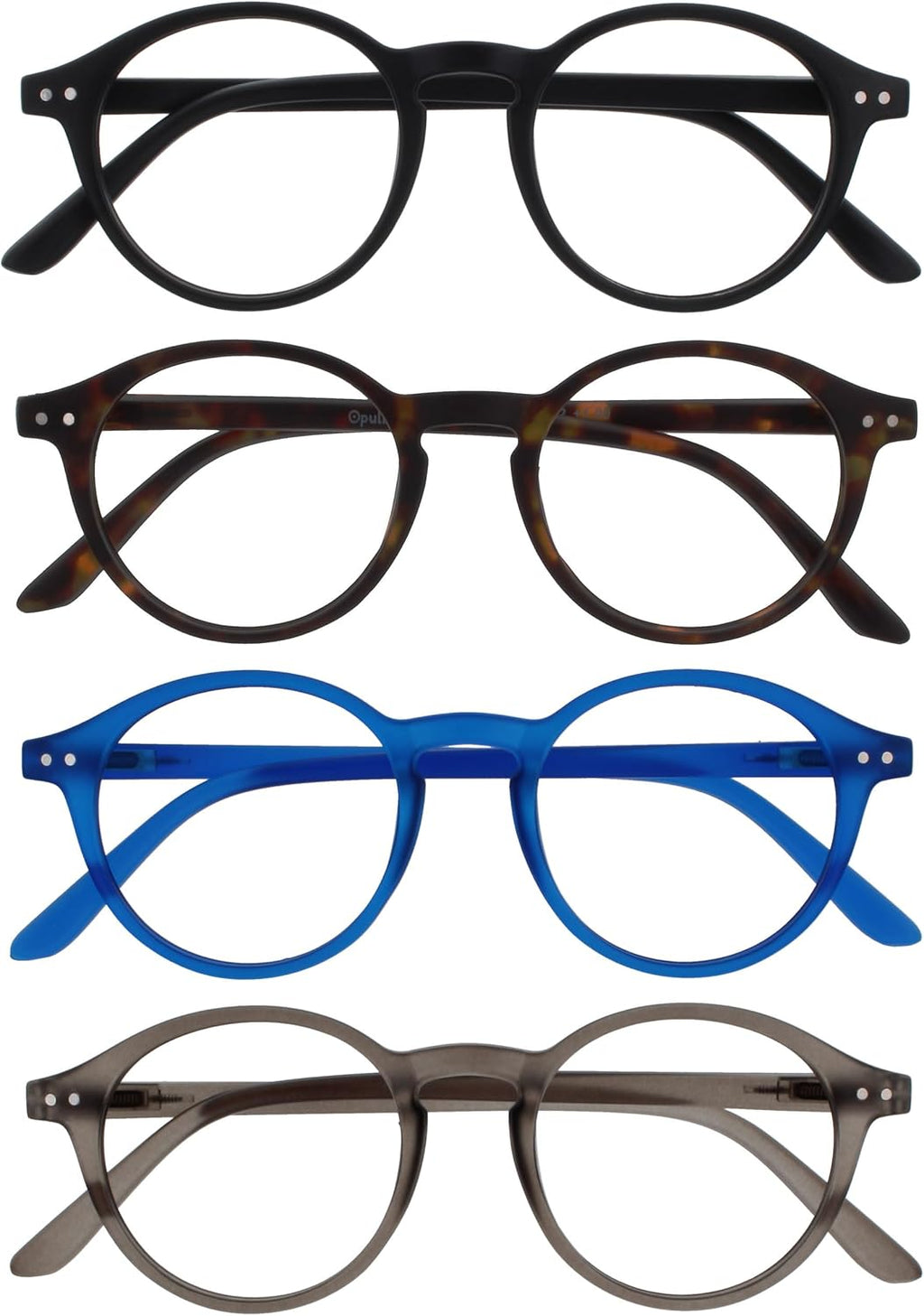 OPULIZE REY Reading Glasses for Women Men, Retro Round Frame with Spring Hinges, Matte Black, Brown Tortoiseshell, Blue, Grey +3.00 (Pack of 4)