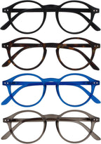 OPULIZE REY Reading Glasses for Women Men, Retro Round Frame with Spring Hinges, Matte Black, Brown Tortoiseshell, Blue, Grey +3.00 (Pack of 4)