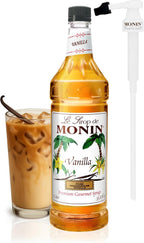 Monin - Vanilla Syrup with Monin BPA Free Pump, Boxed, Versatile Flavor, Great for Coffee, Shakes, and Cocktails, Gluten-Free, Non-GMO (1 Liter)