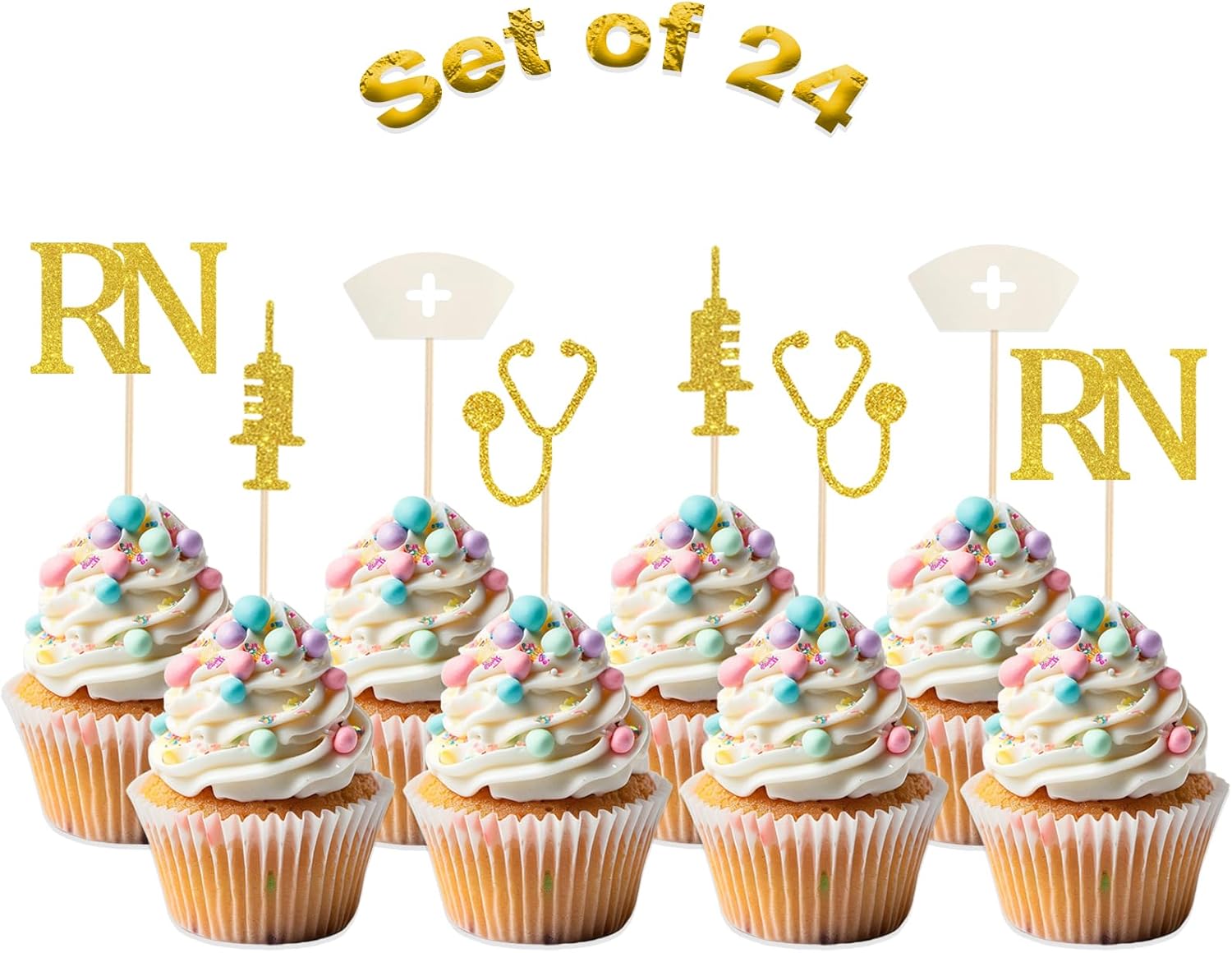 Kimini-Ki RN Cupcake Toppers, 24Pcs Nursing Cupcake Toppers, Medical Themed Assistant Symbol Cupcake Picks, Congrats RN Nurse Themed Graduation Party Decorations
