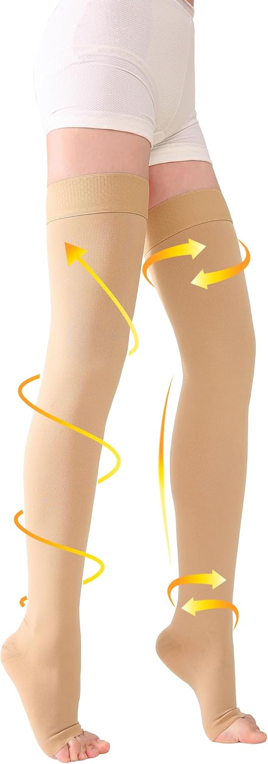 TOFLY® Thigh High Compression Stockings for Women & Men (Pair), Open Toe, Opaque 20-30 mmHg Graduated Compression Hose, Medical Compression Stockings for Varicose Veins, Edema, DVT, Travel,Beige M