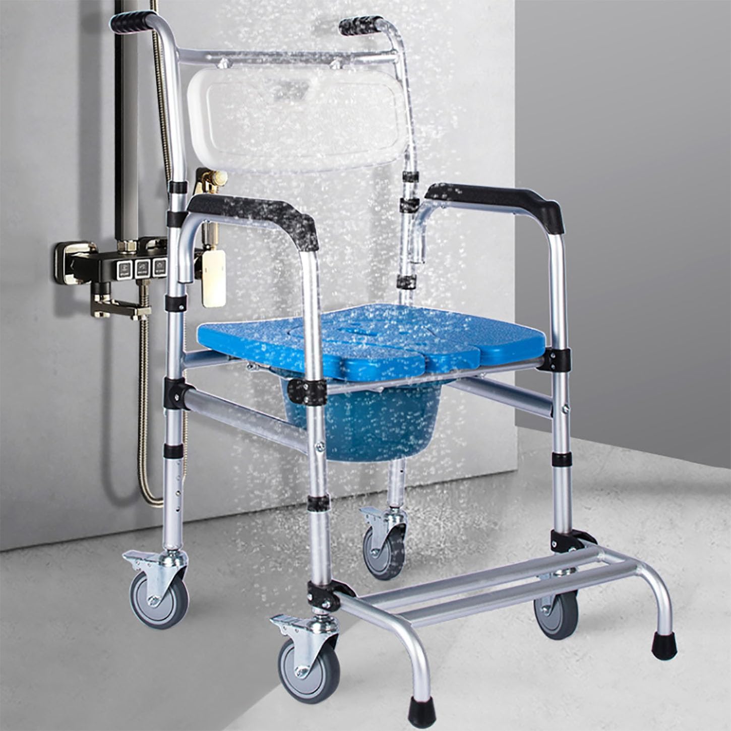 Bedside Commode Chair with Brake Wheels, Multifunctional Shower Rolling Chair, Elderly Toilet, Adjustable Toilet