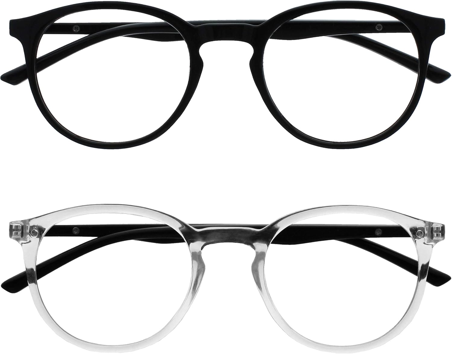 OPULIZE MET Reading Glasses for Women Men, Slim Round Frame with Spring Hinges and Scratch Resistant, Black,Clear +3.5 (Pack of 2)
