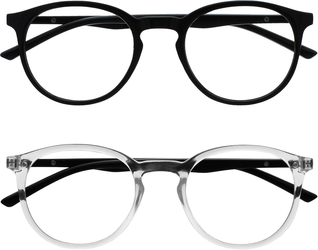 OPULIZE MET Blue Light Blocking Reading Glasses for Women Men, Slim Round Frame with Scratch Resistant and Spring Hinges, Computer Glasses with Anti-Reflective, Black,Clear +0 (Pack of 2)
