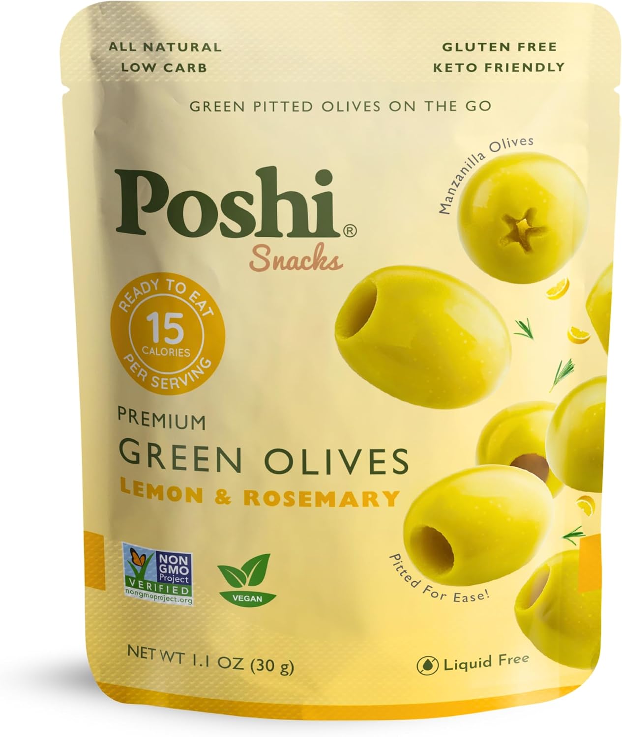 POSHI Green Pitted Olives - Lemon & Rosemary | Vegan, Kosher, Gluten Free + Keto Friendly, Fresh, All Natural Low Calorie Healthy Snacks | (30 Pack, 1.1oz Bags)