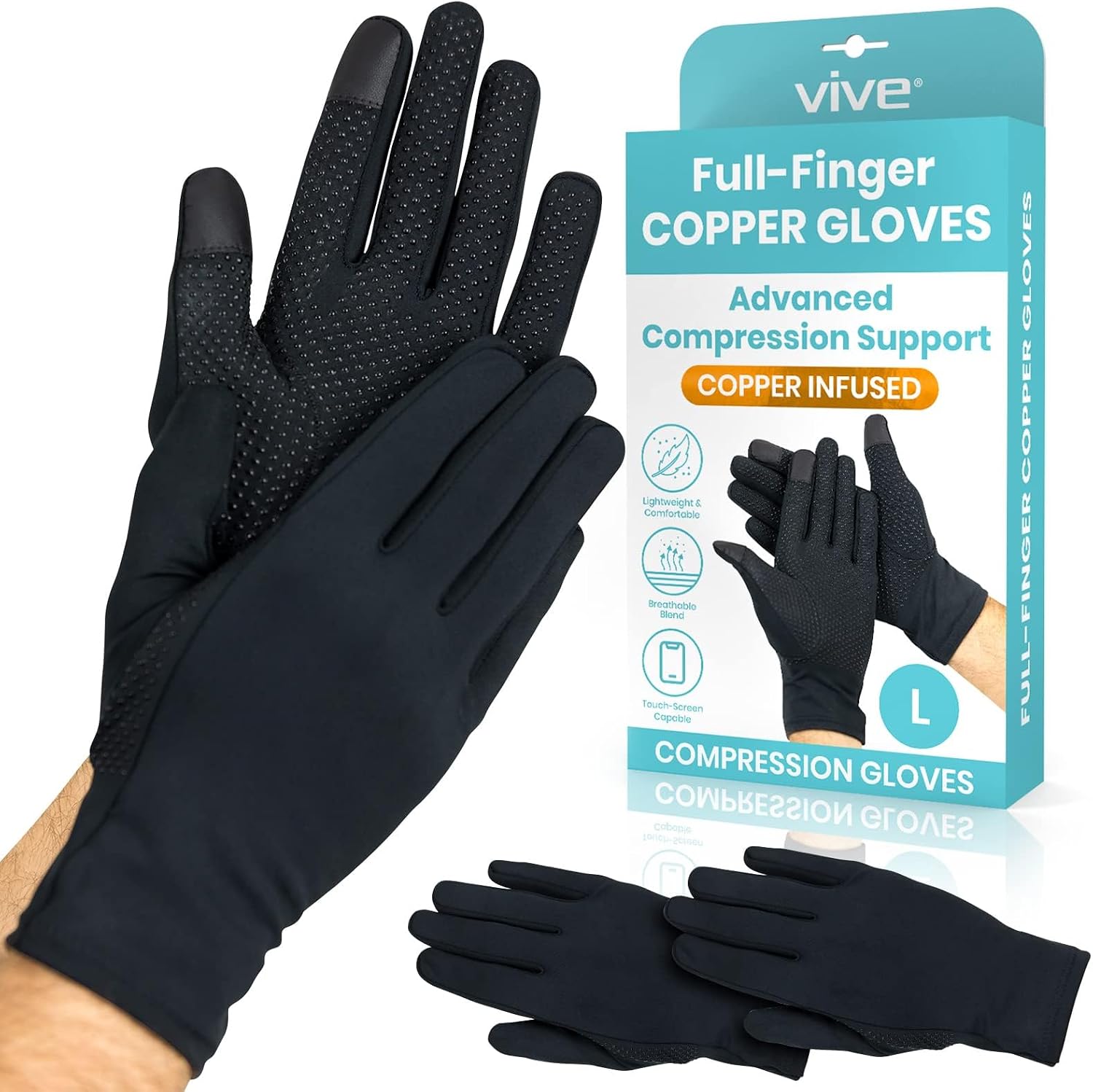 Vive Copper Arthritis Gloves - Full Hand Compression Touchscreen Finger - for Carpal Tunnel, Rheumatoid, Joint Pain, Inflammation - Flexible Wrist and Thumb Pressure Relief for Typing - for Men, Women