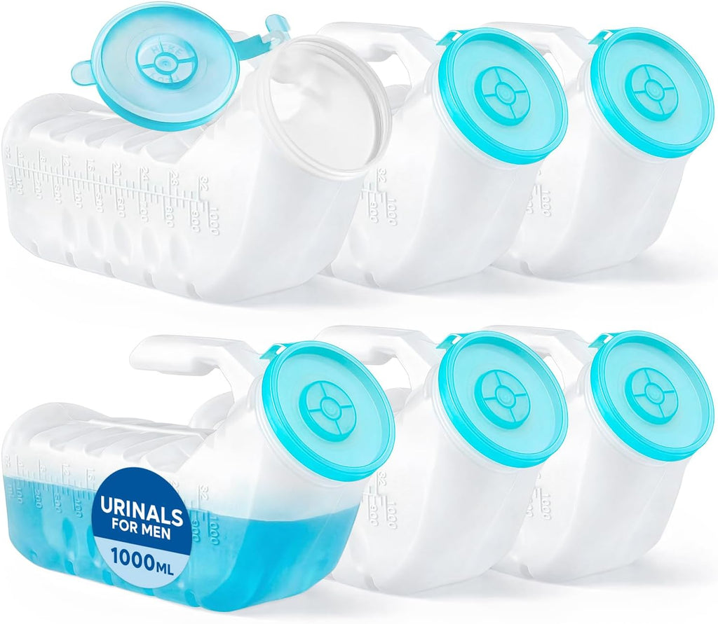 Urinals for Men with Glow-in-the-Dark Cover (1000ml/32oz) – 6 Pack Portable Reusable Urinal Bottles with Spill-Proof Cap – Bedside Pee Bottles for Seniors, Hospital, Travel & Car