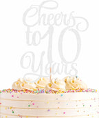 Cheers to 10 Years Cake Topper - Silver Glitter Children's 10th Birthday Cake Decorating Supplies - Blessed 10 Years Wedding, Anniversary Party Decorations, Photo Booth Props
