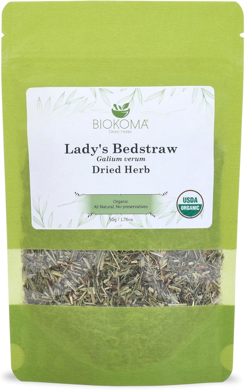Biokoma Organic Lady's Bedstraw Dried Herb 50g 1.76oz Premium Galium Verum USDA Organic Herbal Tea Lymphatic Kidney Support Resealable Pouch No Additives No Preservatives No GMO Caffeine-Free Kosher