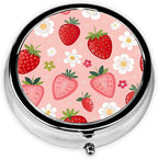 Flowers Strawberry Pill Box 3 Compartment Small Pill Case,Portable for Pocket or Purse Pill Organizer Pill Container Holder with Mirror to Hold Vitamins, Medication, Fish Oil and Supplements