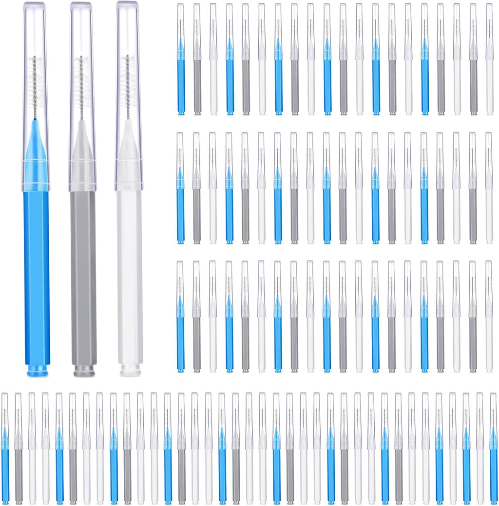 Patelai 100 Pieces Braces Dental Brush for Cleaner Interdental Toothpick Dental Tooth Flossing Head Oral Hygiene Flosser Toothpick Cleaners Tooth Tool(Blue, Grey, White,Various Sizes)