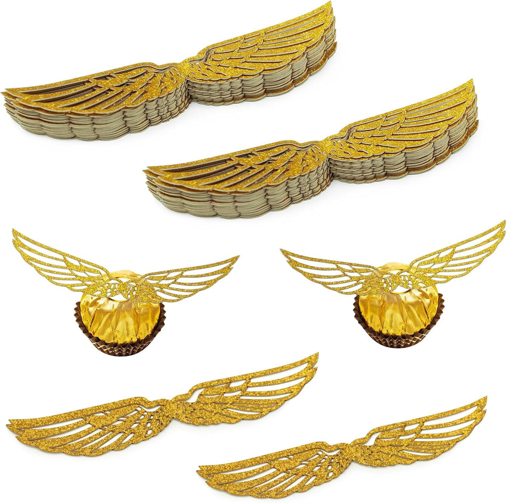 100 Pcs Golden Snitch Style Wings, Glitter Golden Hollow-Out Wafer Chocolate Decorations with Adhesive Dots, Wizard Theme Party Cupcake Cake Toppers for Birthday, Wedding, Christmas Supplies