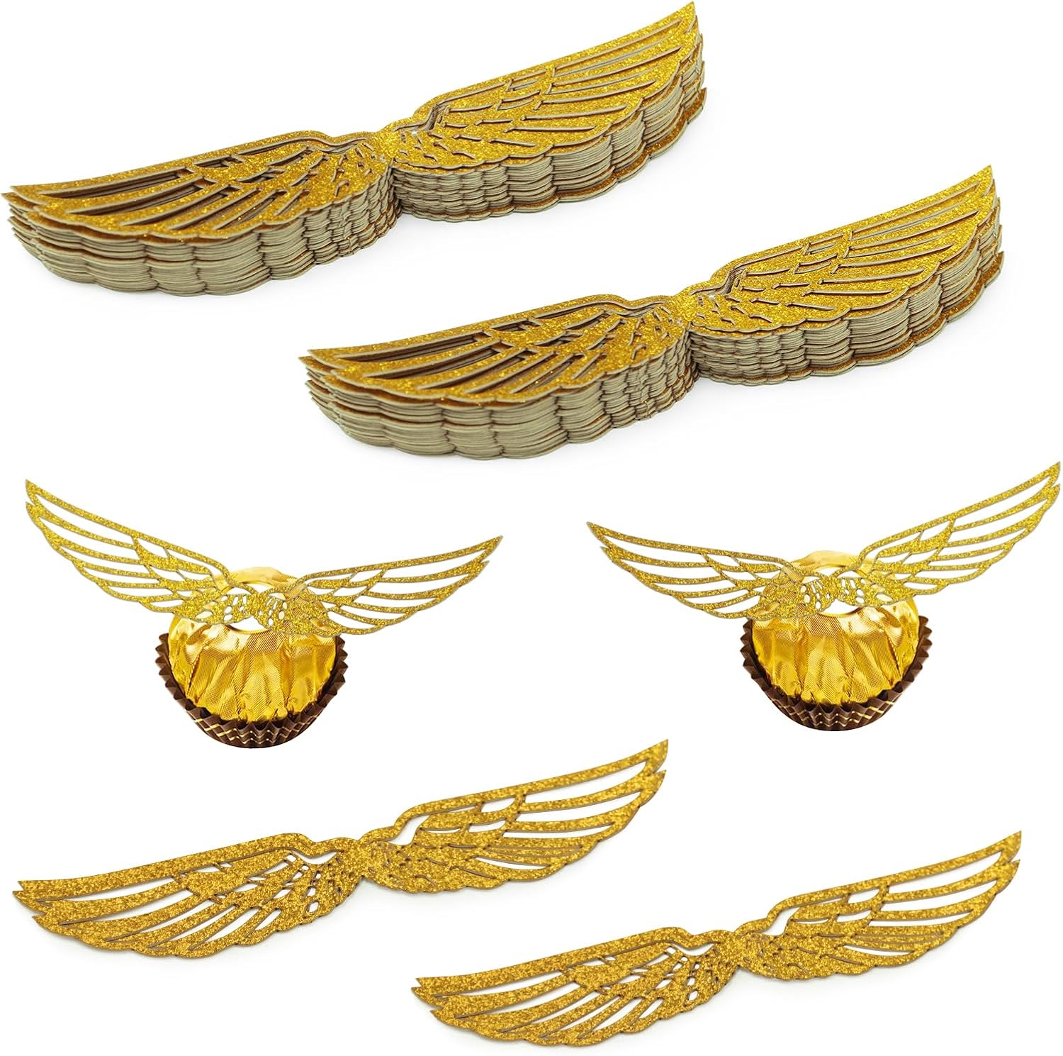 100 Pcs Golden Snitch Style Wings, Glitter Golden Hollow-Out Wafer Chocolate Decorations with Adhesive Dots, Wizard Theme Party Cupcake Cake Toppers for Birthday, Wedding, Christmas Supplies