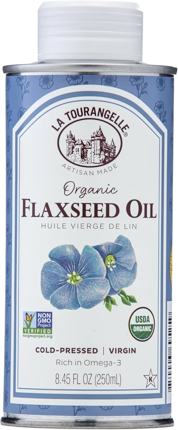 La Tourangelle, Organic Flaxseed Oil, Essential Omega-3 to Improve Heart Health, Vegan, Non-GMO, Gluten-Free, Kosher, Cast Iron Seasoning, 8.45 Fl Oz