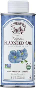 La Tourangelle, Organic Flaxseed Oil, Essential Omega-3 to Improve Heart Health, Vegan, Non-GMO, Gluten-Free, Kosher, Cast Iron Seasoning, 8.45 Fl Oz
