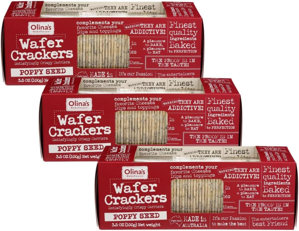 Olina's Bakehouse Crackers, Assorted (3-Pack, Poppyseed - Wafer)