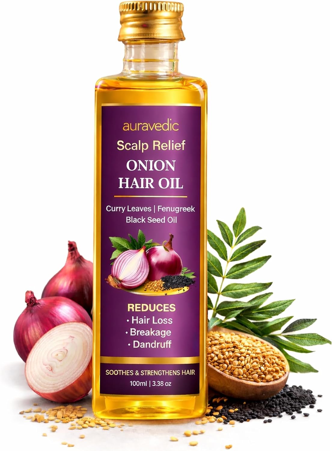 Auravedic Onion Hair Oil for Scalp Care & Stronger Hair | Lightweight Hair Oil with Fenugreek, Black Seed & Curry Leaves | Helps Reduce Breakage & Support Healthy Looking Hair | 3.38 Fl Oz (100ml)