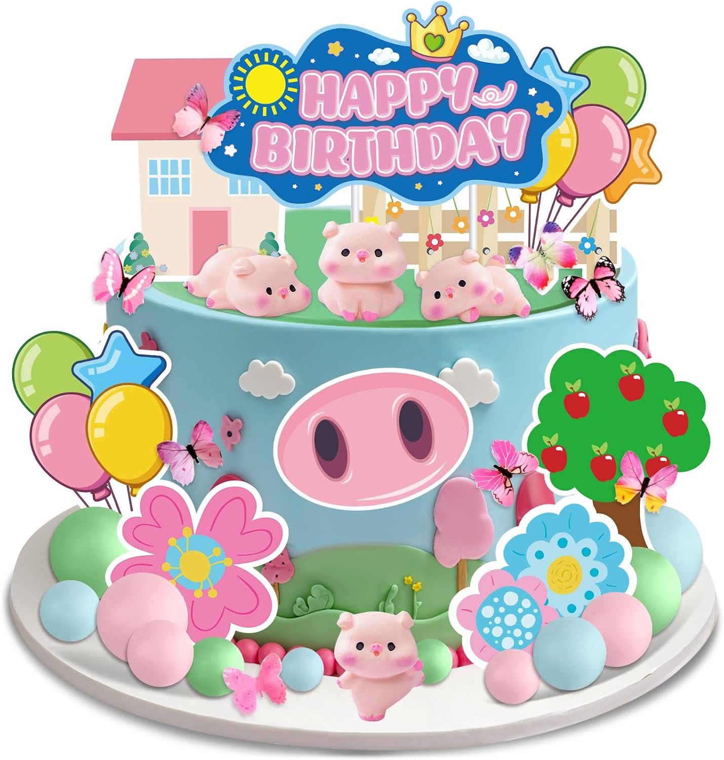 Pink Pig Cake Topper- Pig Happy Birthday Cake Topper, Pink Pig Cake Decoration with Pig Figurine, Butterfly, Pink Pig Cake Decoration Cute Animal Cake Topper for Boy Girl Birthday Party Supplies