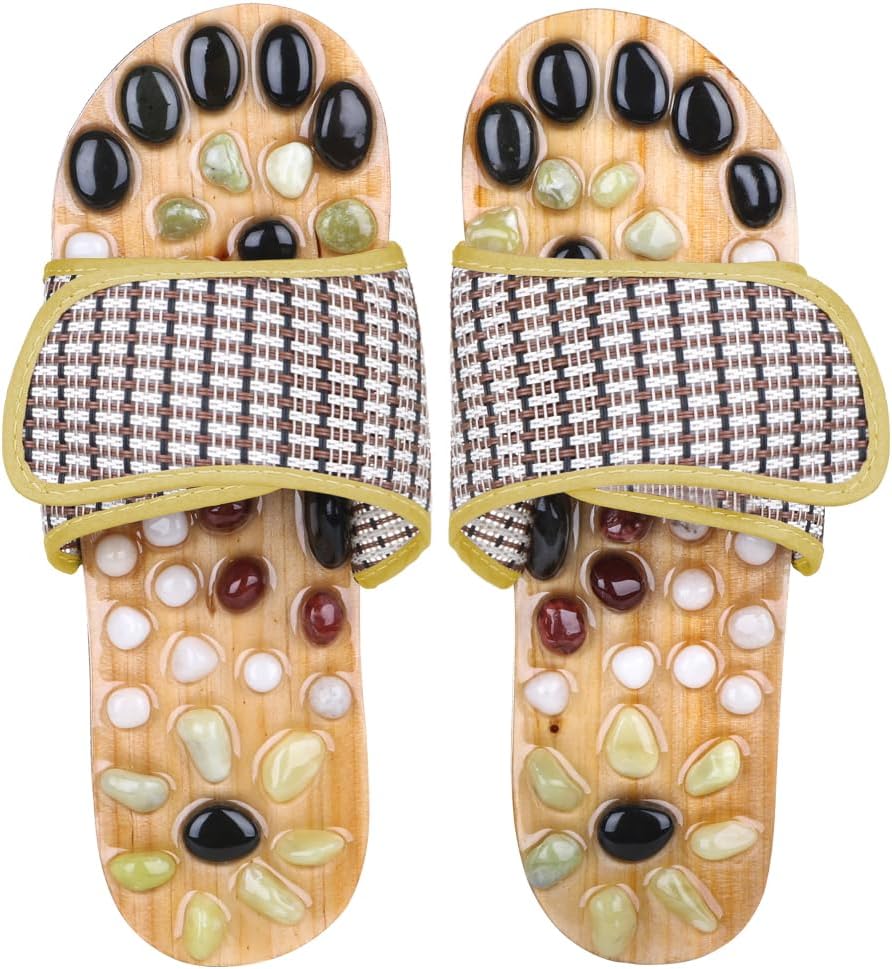 Comfecto Acupressure Massage Slippers with Earth Stone, Wooden Reflexology Acupuncture Sandals for Plantar Fasciitis Therapy, Fit 8-9.5 Men / 9.5-11 Women Feet Size