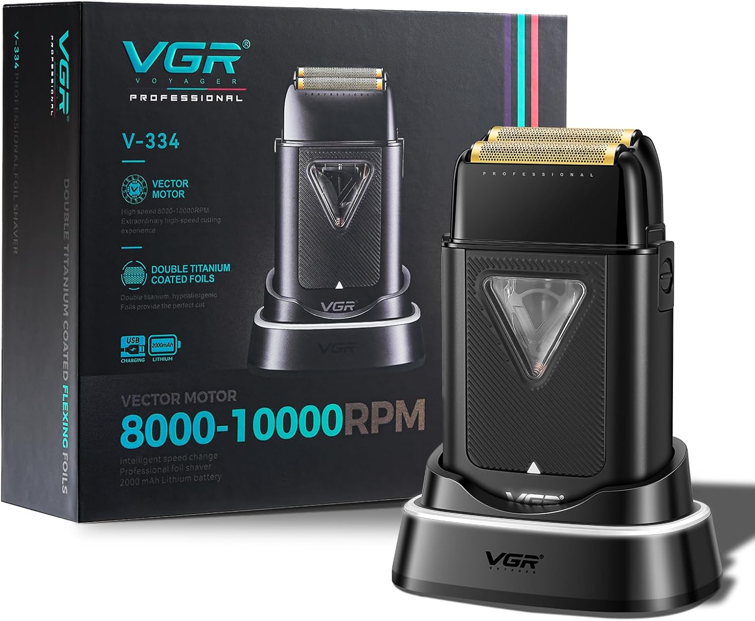 VGR 334 Foil Shaver for Men, Professional Electric Razor for Shaving Face & Bald Head, 10000RPM Vector Motor, Double Titanium Foils, LED Display, USB Charging Base, Men's Electric Shavers for Barbers