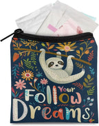 Follow Dreams Sloth Sanitary Pad Storage Bag, Cute Sanitary Napkin Storage Purses Portable Period Bags Pouch for Girls Women Travel
