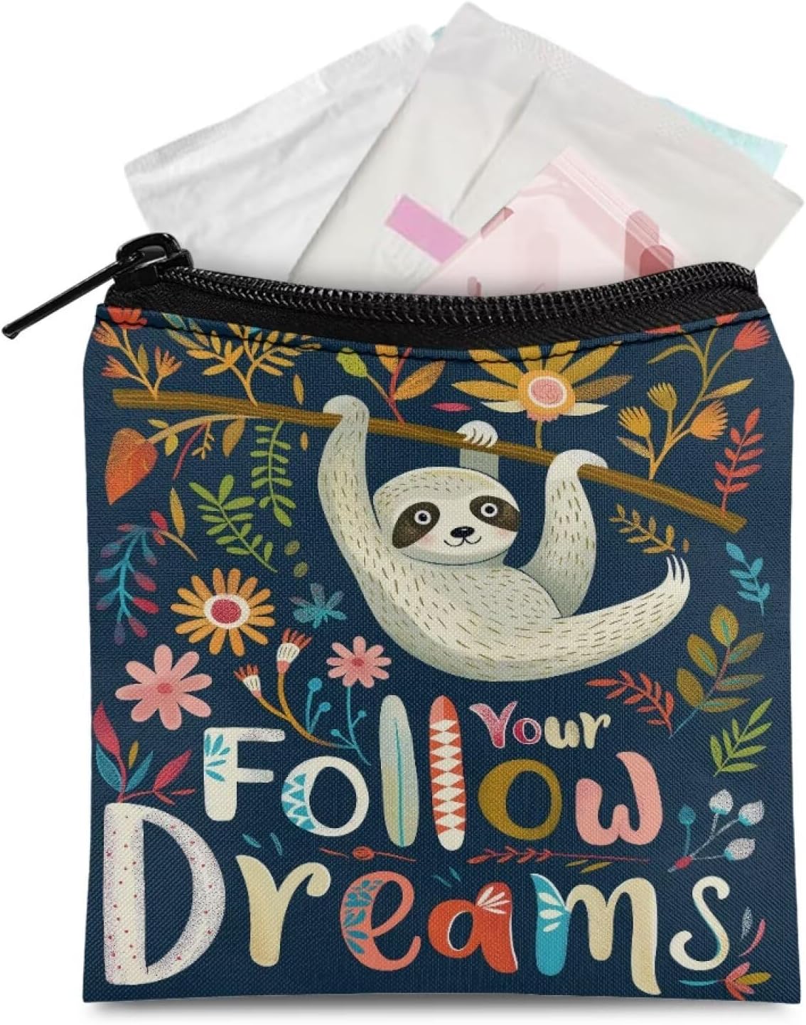 Follow Dreams Sloth Sanitary Pad Storage Bag, Cute Sanitary Napkin Storage Purses Portable Period Bags Pouch for Girls Women Travel