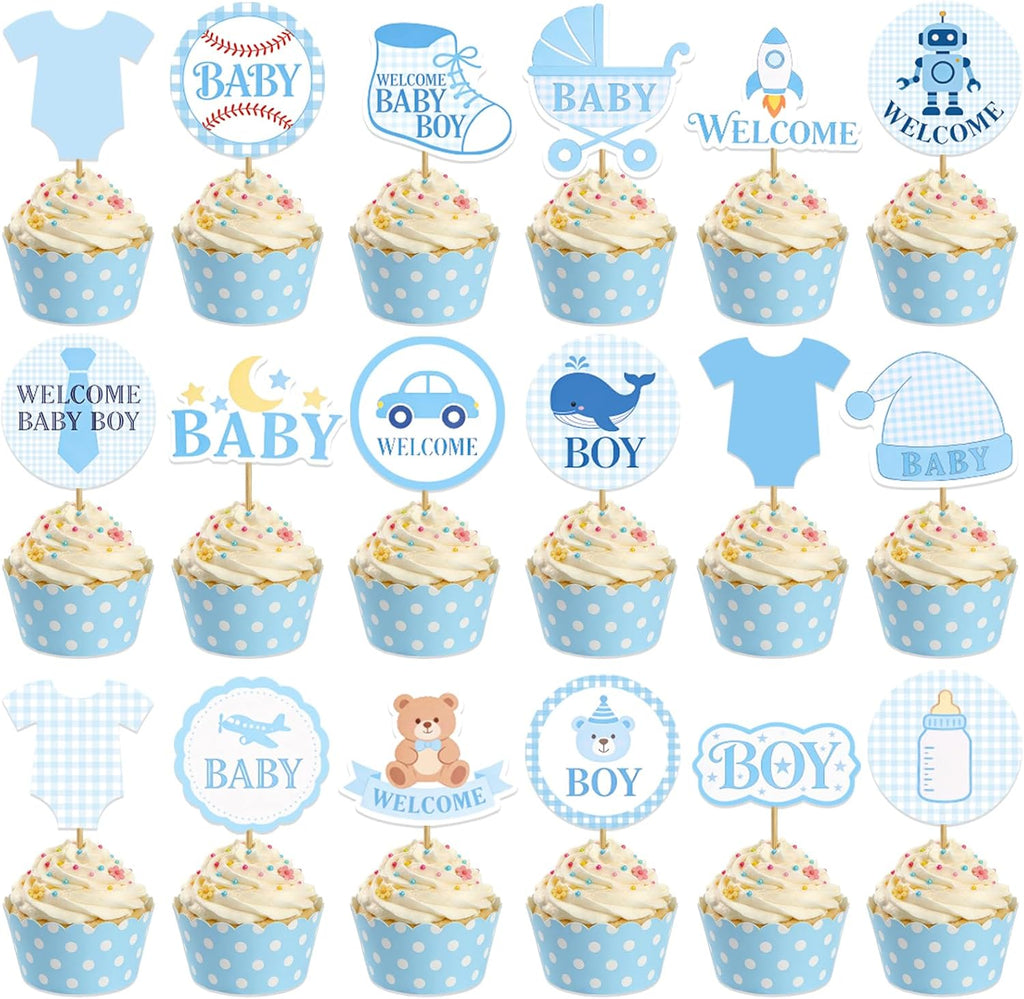 Welcome Baby Boy Cupcake Toppers - 36 Pcs Blue Baby Shower Cupcake Decorations for Boy, Gender Reveal Party Supplies, Little Bear Rocket Robot Baseball Baby Boy First Birthday Party Favors