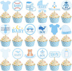 Welcome Baby Boy Cupcake Toppers - 36 Pcs Blue Baby Shower Cupcake Decorations for Boy, Gender Reveal Party Supplies, Little Bear Rocket Robot Baseball Baby Boy First Birthday Party Favors