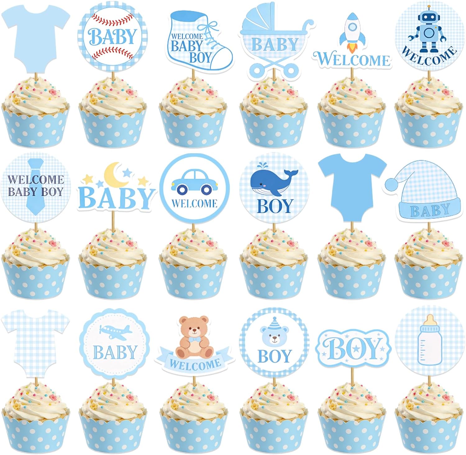 Welcome Baby Boy Cupcake Toppers - 36 Pcs Blue Baby Shower Cupcake Decorations for Boy, Gender Reveal Party Supplies, Little Bear Rocket Robot Baseball Baby Boy First Birthday Party Favors
