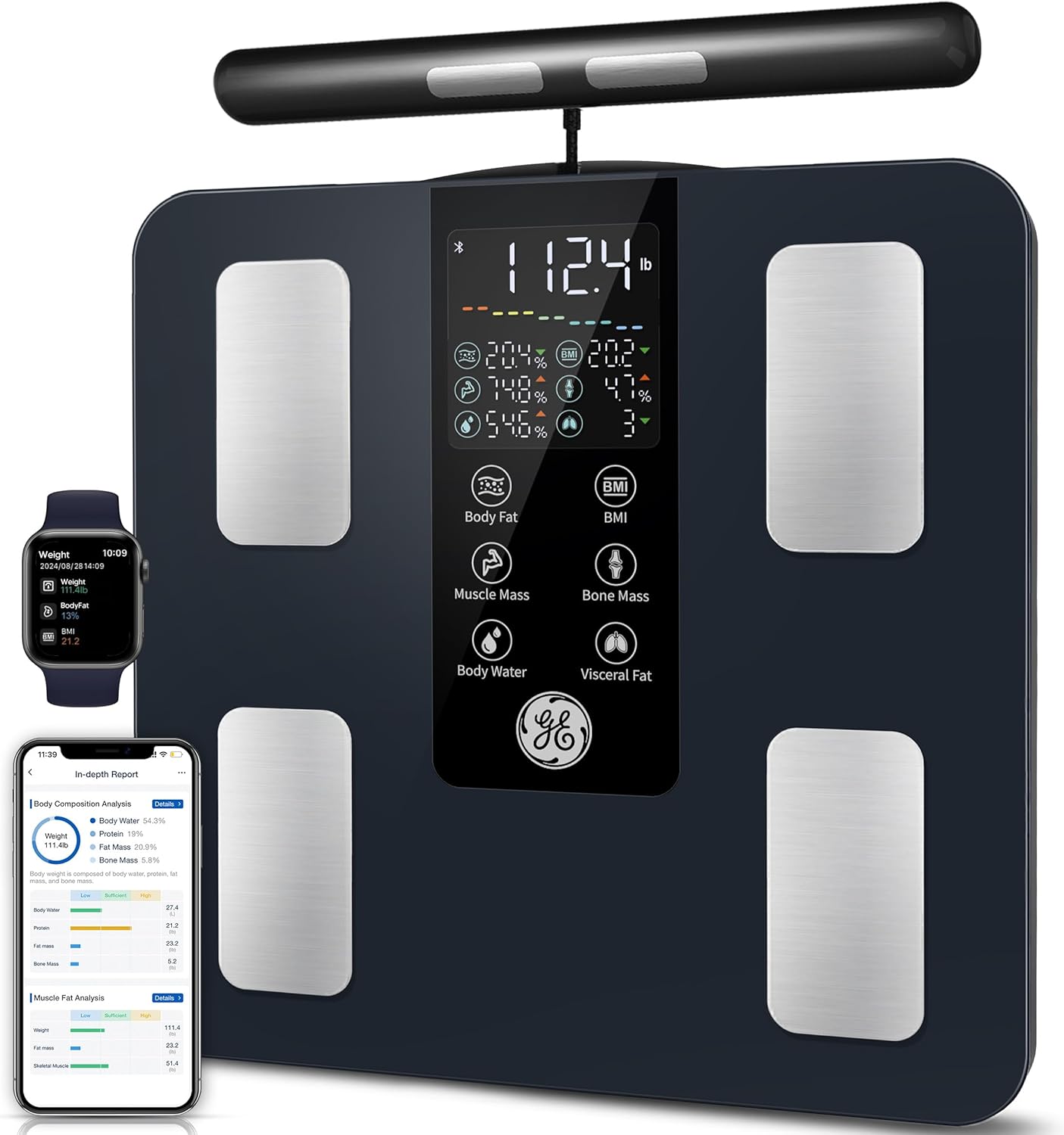 GE Smart Scale for Body Weight: 8-Electrode Digital Bathroom Scale for Weight Fat BMI Muscle Mass Full Body Composition Analyzer 50 Measurements Bluetooth Highly Accurate Weighing Machine 400lb Black