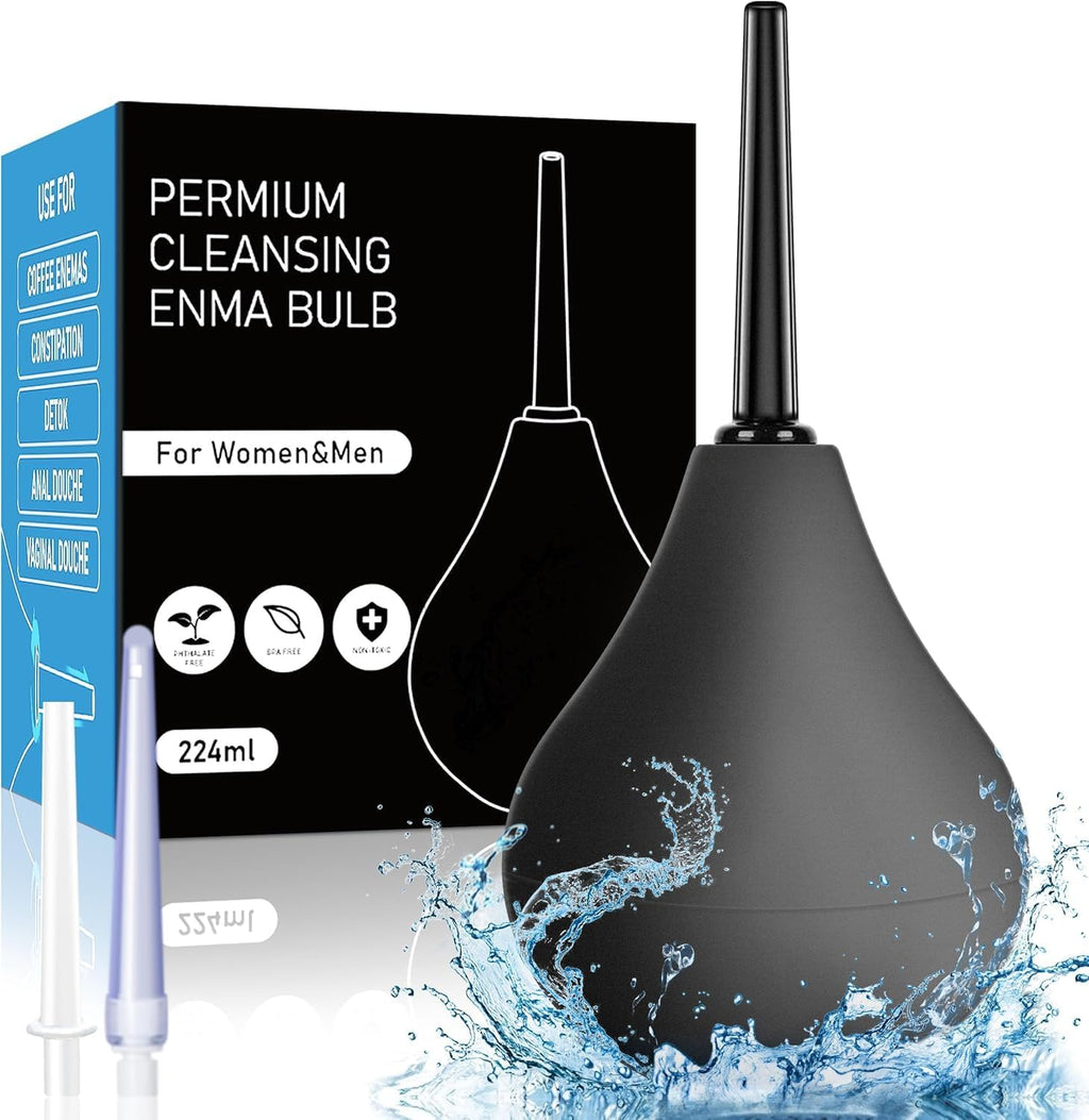 Anal Douche for Men 224ML- Enema Bulb 8 oz Reusable Douche Enema Kit with 3 Replaceable Nozzle ，Analdouche Enema Bulb for Personal Hygiene(Black)