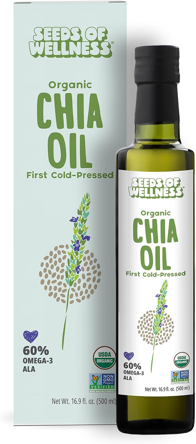 Seeds of Wellness - Organic Chia Seed Oil, Essential Bio Nutrients, Fatty Acids Omega-3 ALA Plant-Based, Cold-Pressed, Unrefined, Non GMO, 16.9 Fl Oz (500 ml) Glass Bottle, Pack of 1, Chile
