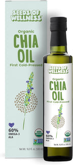 Seeds of Wellness - Organic Chia Seed Oil, Essential Bio Nutrients, Fatty Acids Omega-3 ALA Plant-Based, Cold-Pressed, Unrefined, Non GMO, 16.9 Fl Oz (500 ml) Glass Bottle, Pack of 1, Chile
