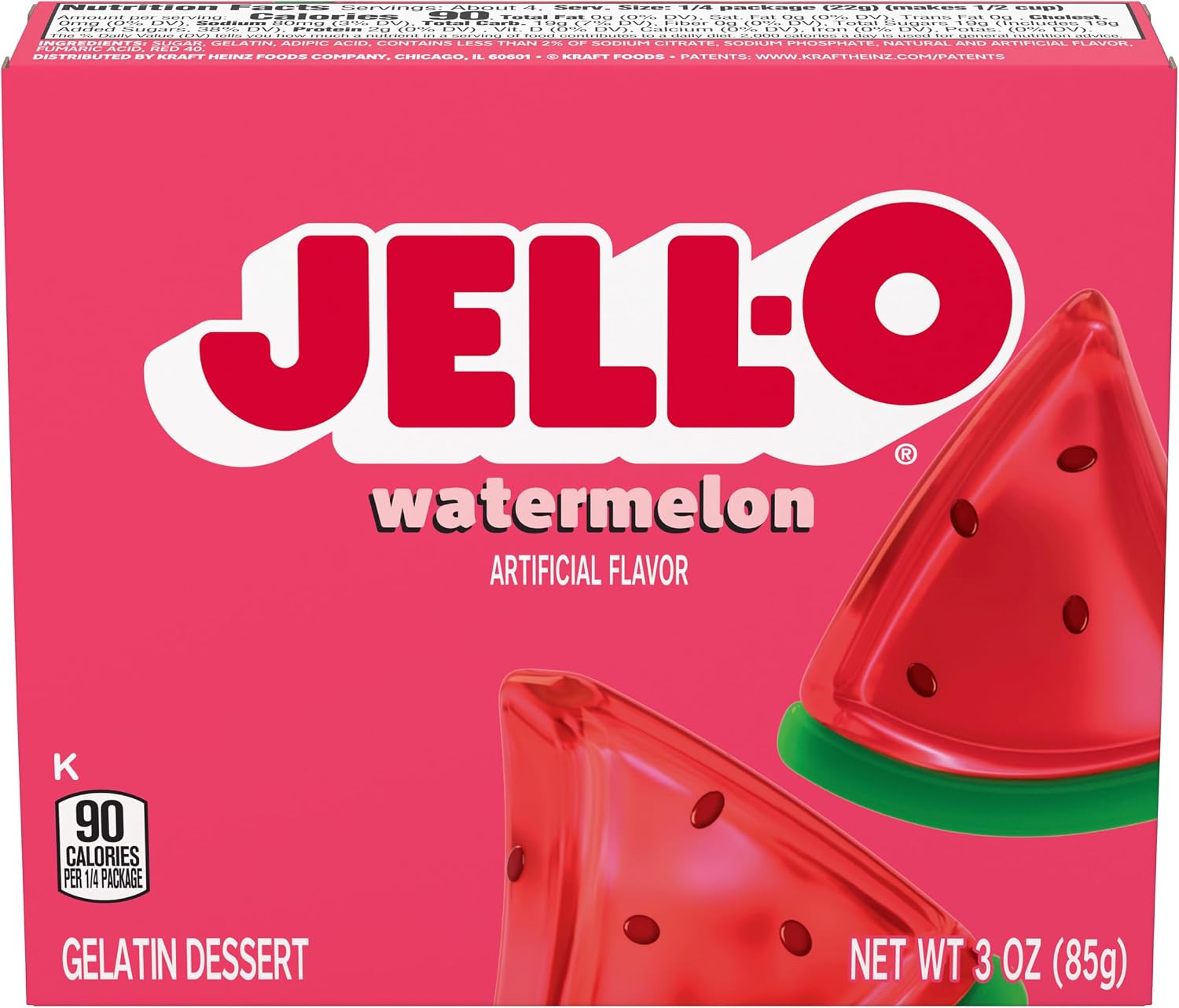 Jell-O Gelatin Dessert Mix, Watermelon, Artificially Flavored, Fat Free, Quick & Easy Dessert, 3 oz (Pack of 3)