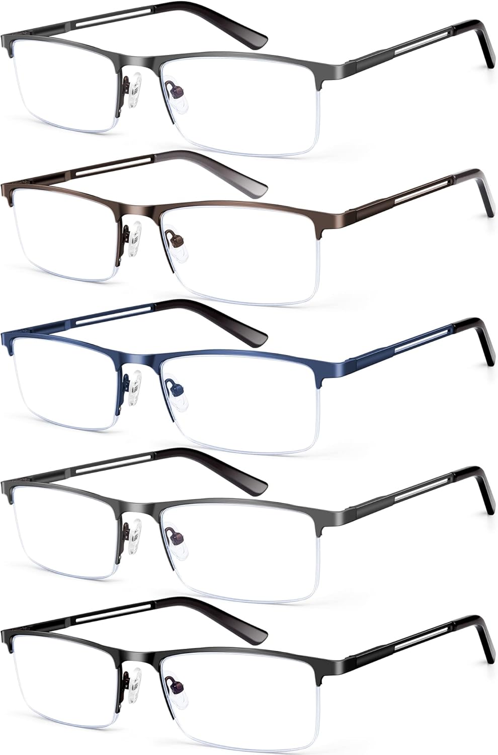 KONHAGO Blue Light Blocking Reading Glasses for Men, Half Frame Metal Readers Spring Hinge Eyeglasses Anti Eyestrain/Glare/UV